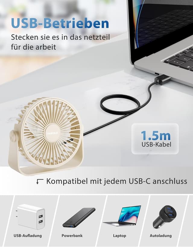 Detalle de TriPole USB Desk Fan – 3-Speed Adjustable Mini Table Fan with 360° Rotating Head (Beige)