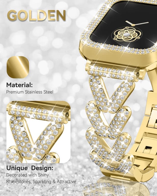 Detalle 2 de Bling Gold Rhinestones Encrusted Metal Bracelet & Case for Apple Watch Bands (38–49mm)