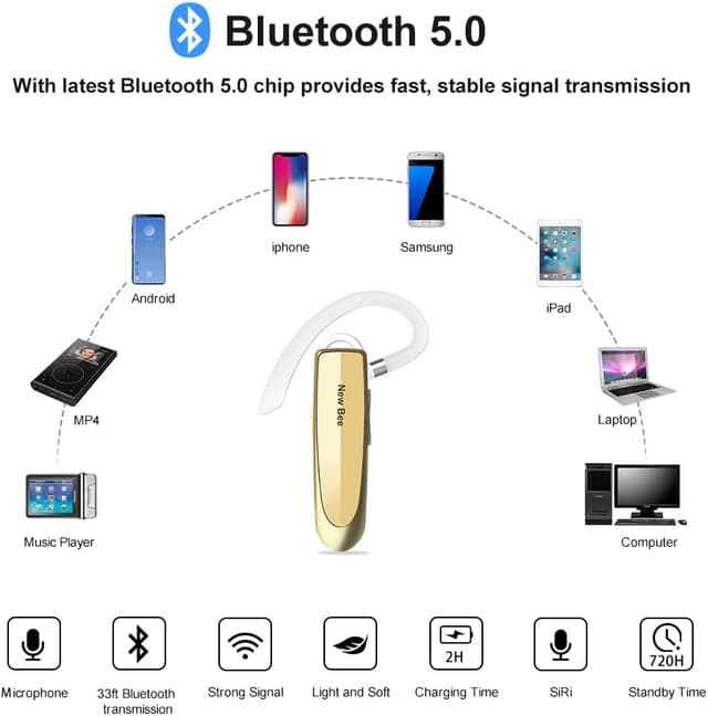 Detalle de New Bee Bluetooth Earpiece Handsfree Headset (Clear Voice, CVC 6.0, 24hrs talk) with clip & case