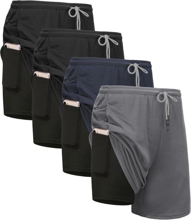 Detalle de Kinglaman 4-Pack Men’s 2-in-1 Running Workout Shorts with Liner and Pockets