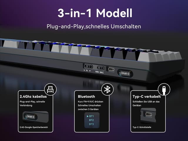 Thumbnail 2 de Dierya DK68 kabellose Gaming Tastatur 68 Tasten