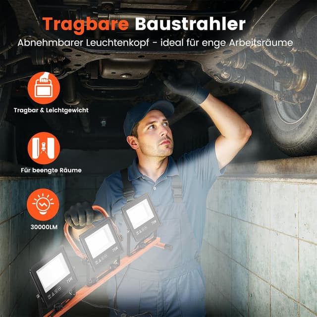 Detalle 1 de ETOOLAB LED-Baustrahler mit Stativ, 30.000 lm (3×75 W), 98–200 cm höhenverstellbar, IP66