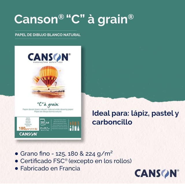 Detalle 2 de Blocco carta da disegno Canson “C a grain” A4, 30 fogli, 224 g grana fine bianco naturale (collato lato corto)