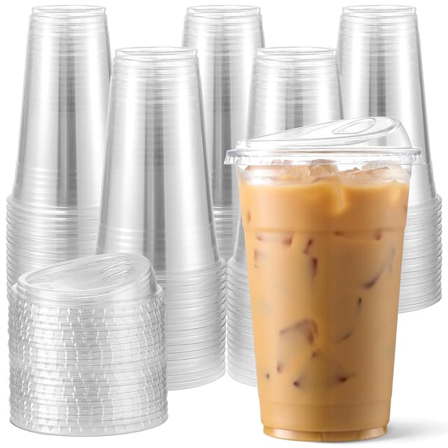 Detalle de AOZITA 100-Pack 16 oz Clear Plastic Cups with Strawless Sip Lids (BPA-Free)