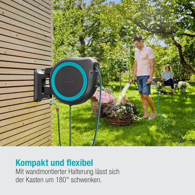 Detalle de Gardena Wand-Schlauchbox RollUp XL (türkis) 35 m inkl. 35 m Schlauch – schwenkbare Aufrolltechnik für große Gärten