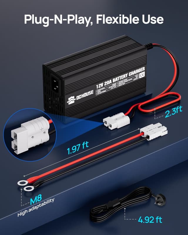 Detalle 2 de DCHOUSE 12V 20A LiFePO4 Lithium Battery Charger (14.6V) with Quick Connector