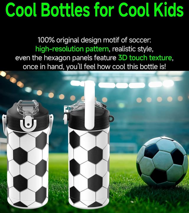 Detalle de MYFOREST 400ml Kids Insulated Water Bottle with Soft Sipper (Football) and Name Spot