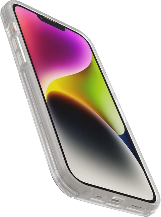 Detalle de OtterBox Otter+Pop Symmetry Clear per iPhone 14 Plus con PopGrip trasparente, testata MIL-STD 810G