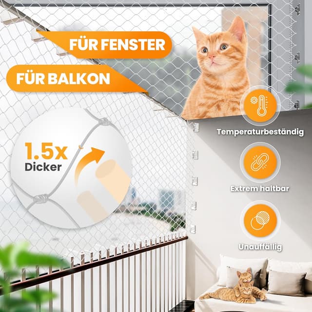 Detalle de Naturiz® Katzennetz für Balkon ohne Bohren (transparent) – inkl. Klebehaken & Silikonkleber, 3x8 m