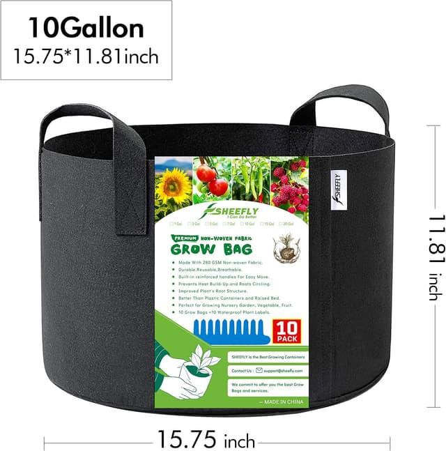 Detalle de SHEEFLY 10 Pack 10 Gallon Grow Bags (Non-woven fabric) with Handles + Plant Labels
