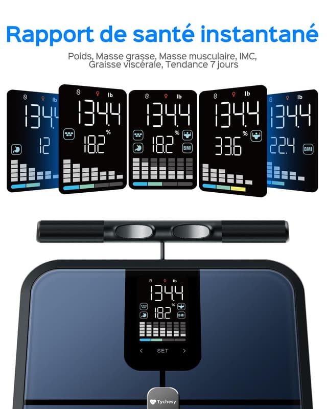 Detalle de Tychesy Balance impédancemètre professionnelle à 8 électrodes — analyse segmentale et suivi Bluetooth (bleu)