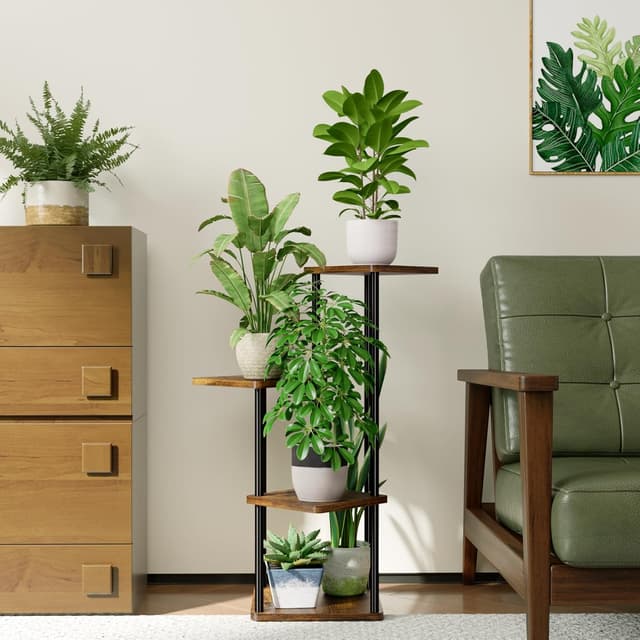 Detalle de Bamworld Pflanzenständer aus Metall, 4 Etagen – Eck-Blumenregal für Indoor & Outdoor