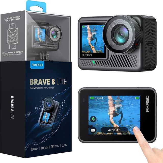 Detalle de AKASO Brave 8 Lite waterproof action camera for 4K60 video, 20MP photos and dual screens