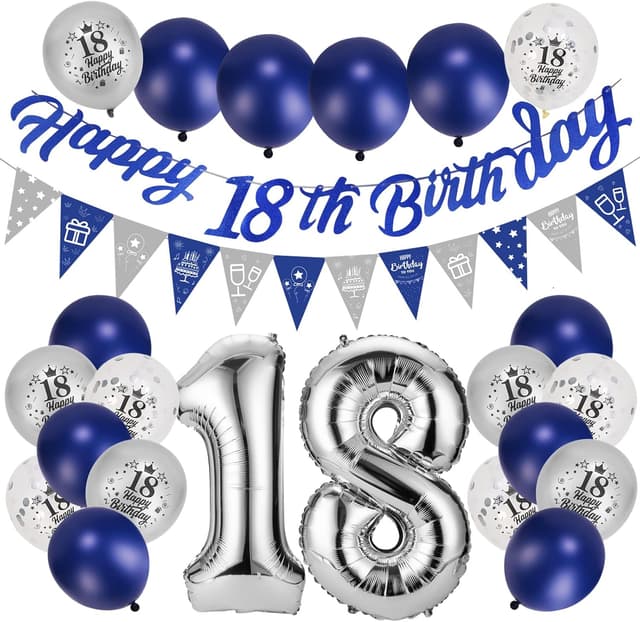 Detalle de Afirbeone 18th Birthday Decorations (Navy Blue & Silver) — Happy 18th Banner, Triangle Flags, Confetti & Foil Balloons
