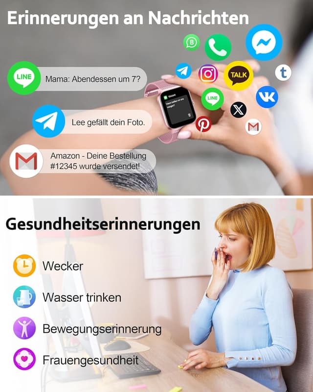 Detalle de Popglory Smartwatch mit Telefonfunktion für Damen & Herren – 1,85" HD Display, Fitnessuhr mit Blutdruck, SpO2 & mehr