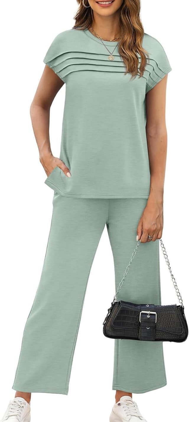 Detalle 2 de WIHOLL Women’s Two-Piece Cap Sleeve Set with Wide-Leg Cropped Pants (S–3XL)