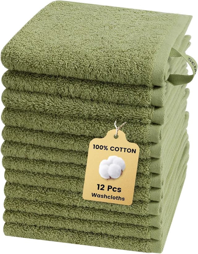 Detalle de SEMAXE 100% Cotton Washcloths 12-Pack (13 × 13-inch) — Soft, super-absorbent face towels with hanging loop