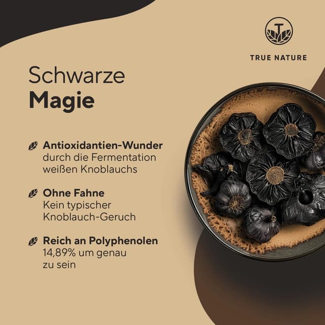 Detalle de True Nature Schwarzer Knoblauch Extrakt (15:1) mit S-Allylcystein (SAC) – 360 Kapseln für ca. 6 Monate