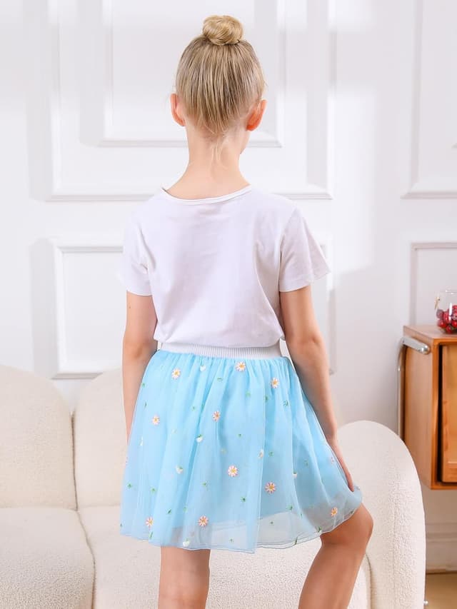 Detalle de Bezioner Girls' Embroidered Tulle Skirt (4 Layers) with Lining – Floral, for Daily Wear, Party & Festival