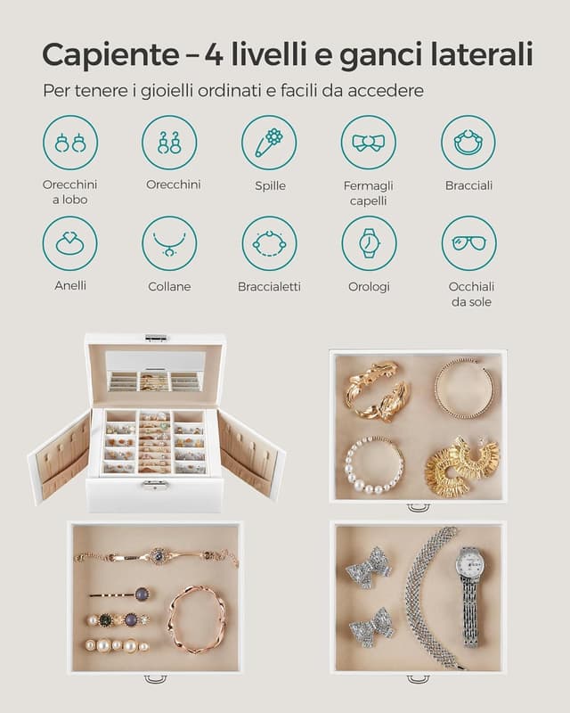 Detalle de SONGMICS Scatola portagioie con specchio e chiusura, 4 livelli, 3 cassetti e maniglie JBC159W01, bianco classico