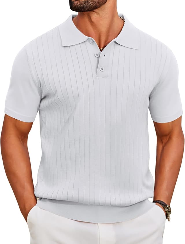 Detalle de COOFANDY Polo Homme tricoté manches courtes stretch à 3 boutons