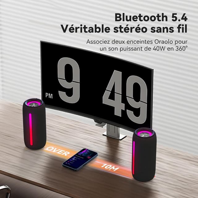 Detalle 1 de oraolo Enceinte Bluetooth puissante 24W mini portable IPX6 (Bluetooth 5.4, RGB, TWS, USB, AUX, TF, jusqu’à 30 h)