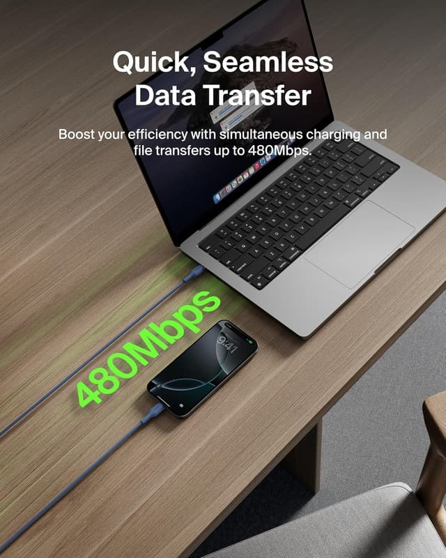 Detalle 2 de Belkin Eco USB-C to USB-C Cable (3.3ft, 60W) – Soft Braided Fast Charging Cord in Blue