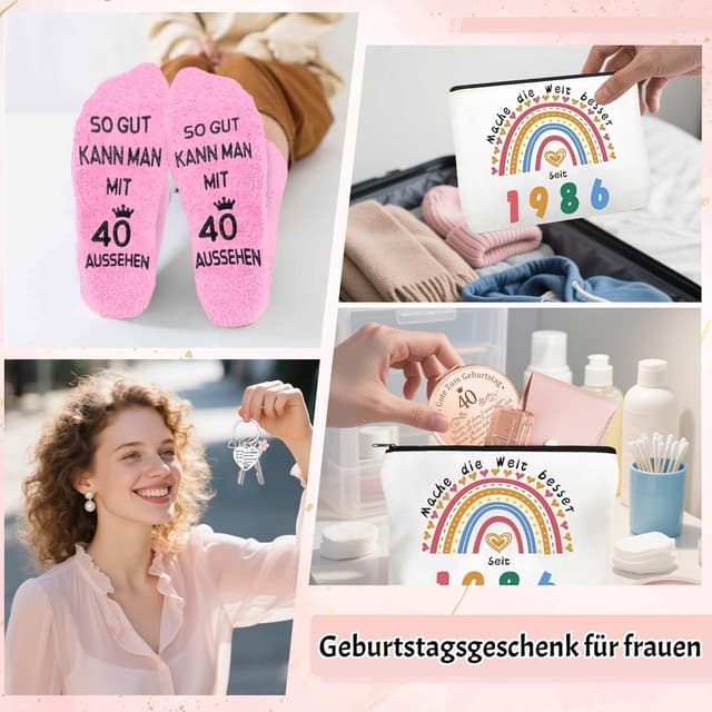 Thumbnail 6 de Shining She Geschenkset zum 40. Geburtstag für Frauen (1986 Kosmetiktasche) mit 40 Schlüsselanhänger, rosa Socken & Kosmetikspiegel