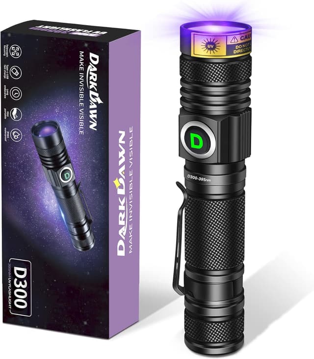 Detalle de DARKDAWN Torcia UV 395nm ricaricabile USB-C: luce nera portatile per ambra, resina e rilevazione macchie