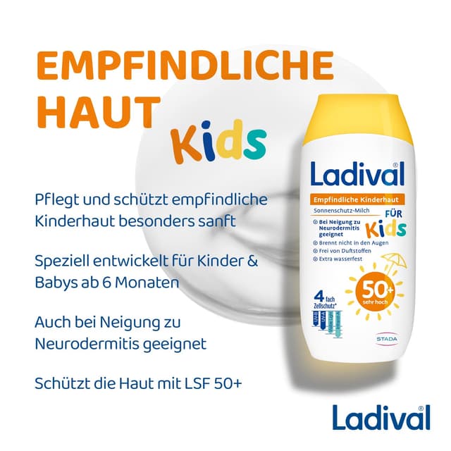 Detalle de Ladival Kinder Sonnencreme Milch LSF50+ – extra wasserfest für empfindliche Kinderhaut (ab 6 Monaten), 200 ml
