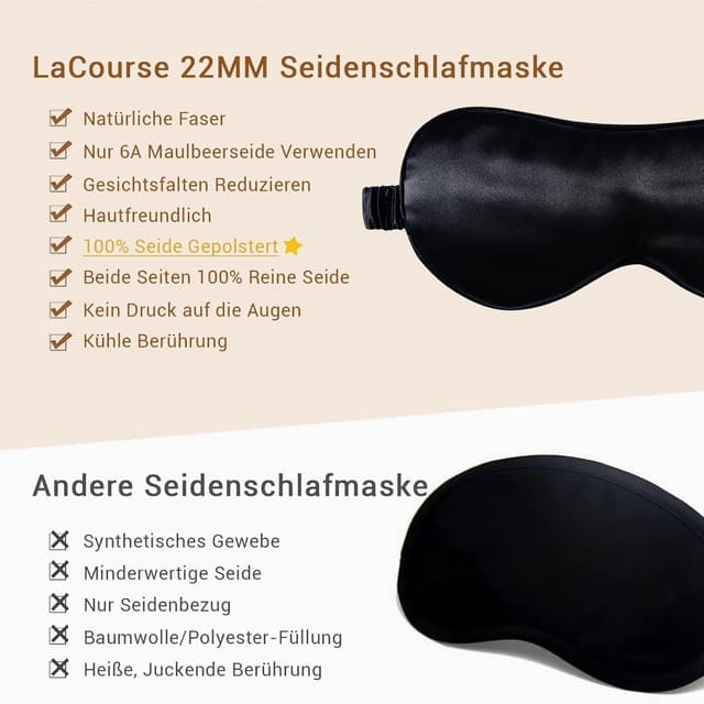 Detalle 2 de LaCourse 22 Momme Schlafmaske aus 100% Maulbeerseide (Schwarz) – komplett verdunkelnd & bequem