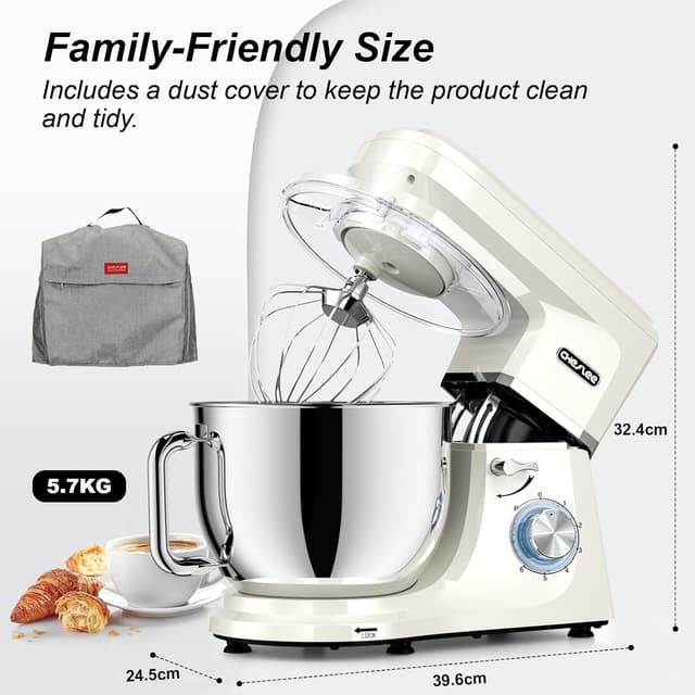 Detalle de CHeflee Robot pâtissier 2000 W 8 L avec 6 vitesses et accessoires (bol inox, fouet, batteur, crochet)