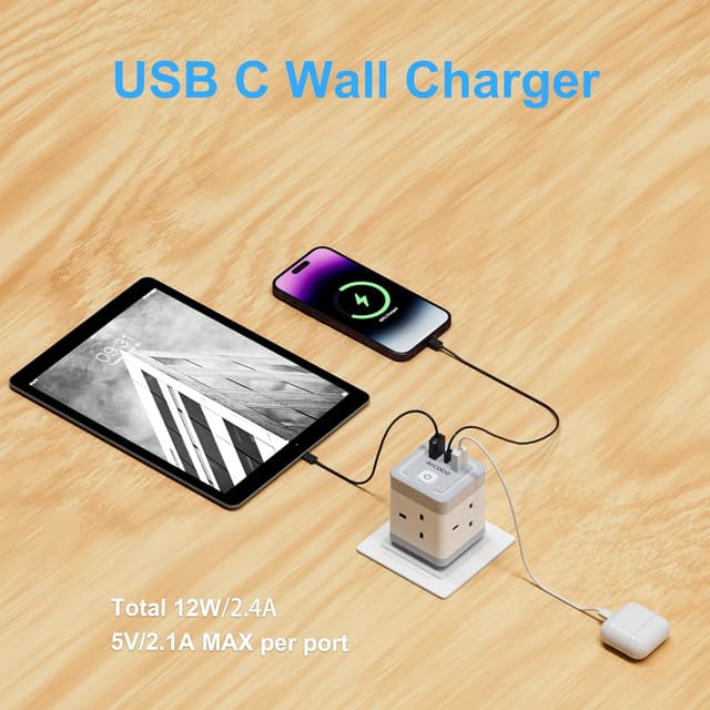 Detalle de AICODE 7-in-1 Plug Extension Socket with 3 USB (4-way) and Switch, 13A Multi Plug Adapter UK