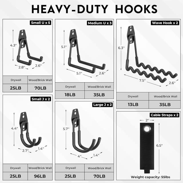 Detalle 2 de BONTEC 16 Pack Black Garage Hooks – Heavy Duty Wall Mount Storage for Ladders, Tools and Bikes