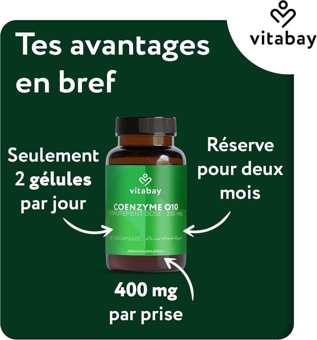 Detalle 2 de vitabay Coenzyme Q10 Ubiquinone 200 mg – 120 capsules végétales, Q10 naturelle fermentée (100% vegan)