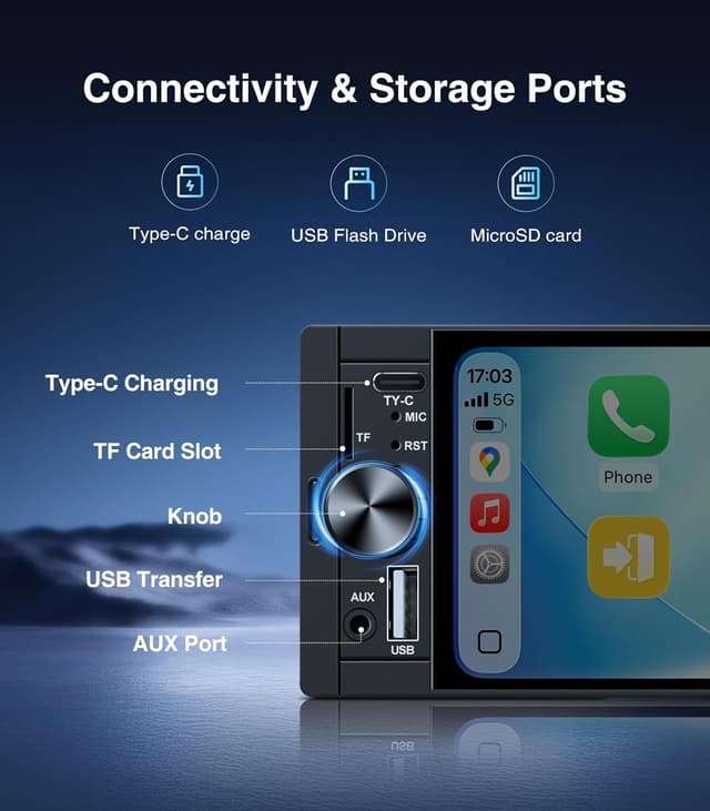 Detalle de AINAVI 6.36-Inch Single-DIN Touchscreen Car Stereo with Wireless CarPlay & Android Auto