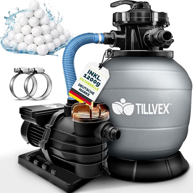 Detalle de tillvex® Sandfilteranlage für Pool: 13.200 L/h bis 40.000 L, 7-Wege-Ventil & 2in1 Adapter (Ø 32–38 mm)