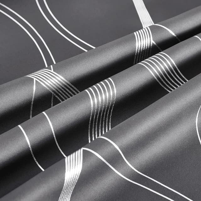 Detalle de PONY DANCE Blackout Curtains (Silver Wave Foil Print) – Grey, 2 Panels, Thermal Insulated Eyelet Ready Made