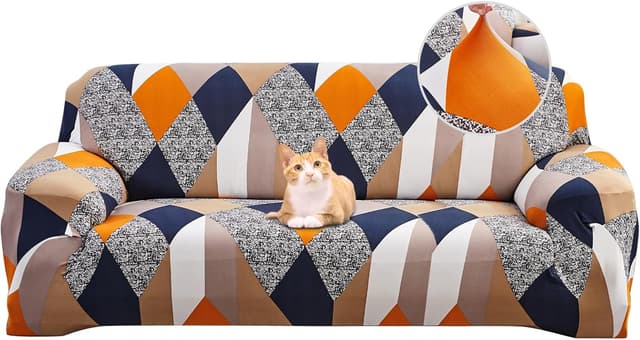 Detalle de Jaotto Copridivano Elasticizzato 3 Posti Universale con Braccioli Fantasia Arancione Antiscivolo e Antimacchia