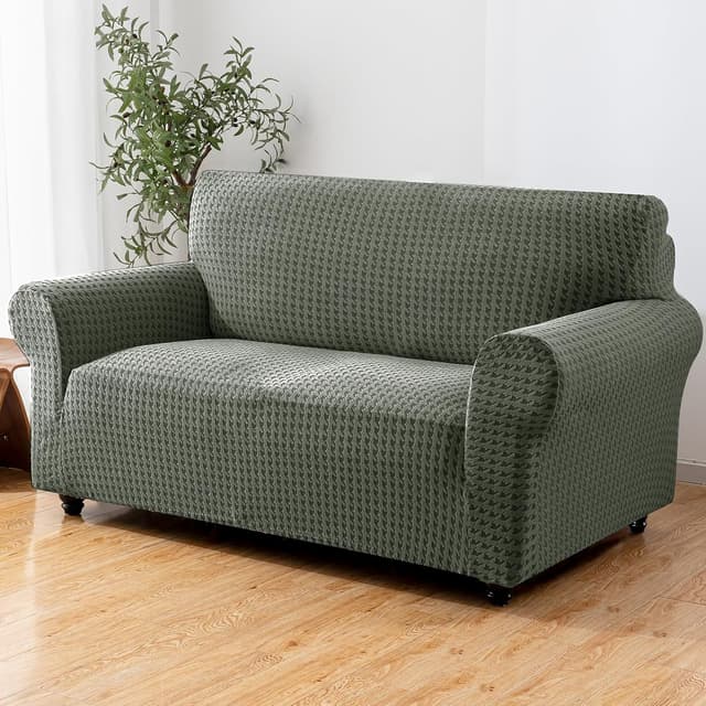 Detalle de YSTELLAA Noël Housse Canapé 2 Places extensible avec accoudoirs, antidérapante et lavable (vert militaire)