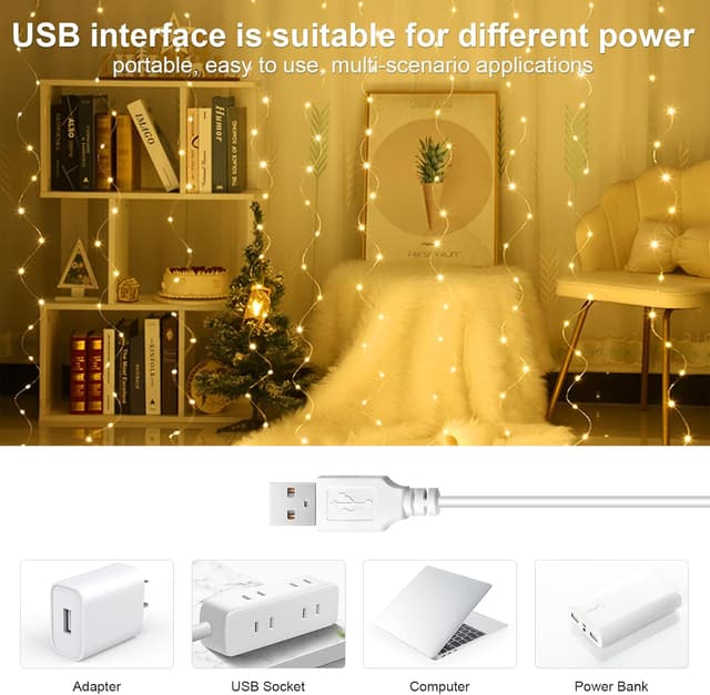 Detalle 2 de A.bigwhale Lichtervorhang 2x2 m mit 200 warmweißen LEDs (2 Stück) – USB Lichterkette für innen