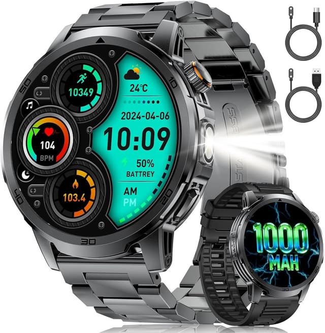 Detalle de Montre connectée homme 1,85" avec appels Bluetooth, fréquence cardiaque & étanchéité IP68, torche LED et batterie 1000 mAh