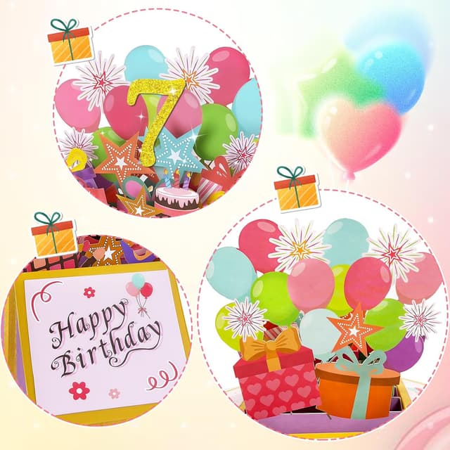 Detalle de Hierein 7th Birthday Pop-Up Card (Pink) – 3D Sweet Happy Birthday Gift Box Card for 7-Year-Old Girls