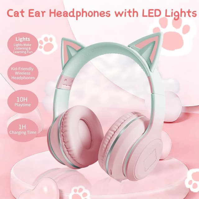 Detalle 2 de Caijin Kids Bluetooth Headphones with LED cat ears (Pink) – safe 85dB volume limit, wireless or wired