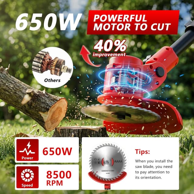 Detalle de Reffmov cordless grass strimmer with wheels and 2× 2.0 Ah batteries (21V) for edging and lawn mowing