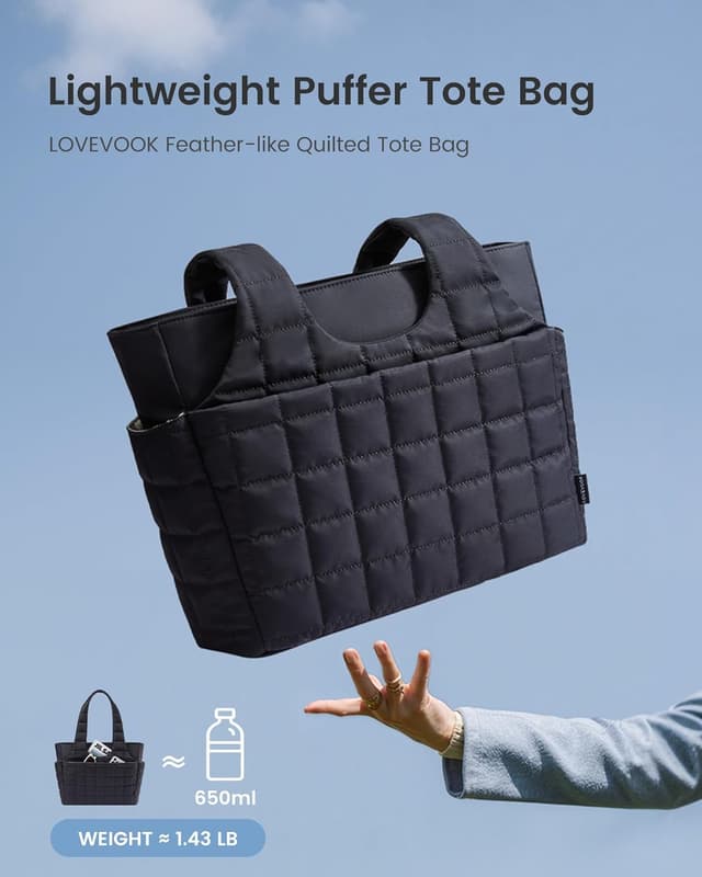 Detalle de LOVEVOOK Damen Shopper Handtasche mit 15,6" Laptopfach – große Puffer Tote Bag mit Wasserflaschenfach