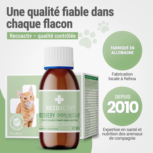 Detalle de RECOACTIV Recovery Immunitaire pour Chats (3 x 90 ml) — alimentation diététique complète pour convalescence et prise de poids