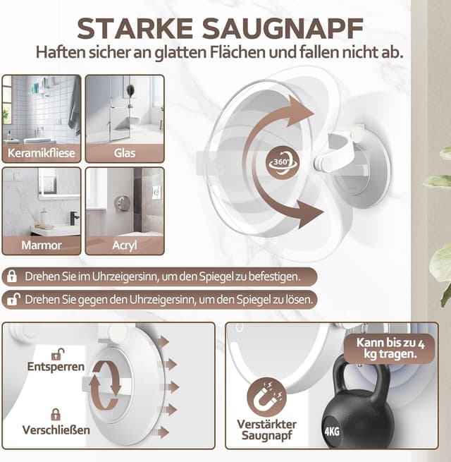 Detalle de MOMOKUBA Vergrößerungsspiegel mit Saugnapf und Beleuchtung (30-fach, doppelseitig)