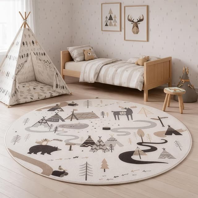 Detalle de SIMPEX Kinderteppich „Wald & Tiere“ rund 160 cm – Spielteppich für Kinderzimmer mit rutschhemmender Latex-Unterseite