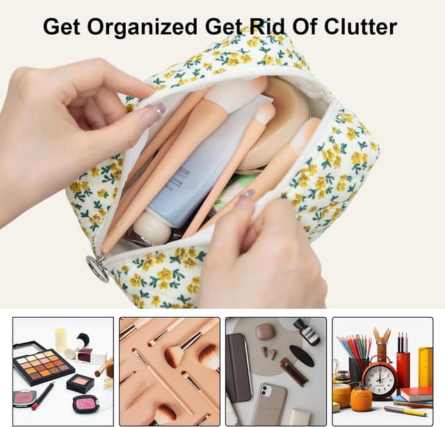 Detalle de Long Keeper Floral Small Makeup Bag (Yellow) – Portable Cosmetic & Toiletry Pouch